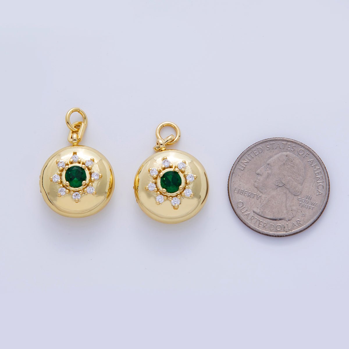 18K Gold Filled Green CZ Celestial Sun Round Locket Charm | AF312 - DLUXCA