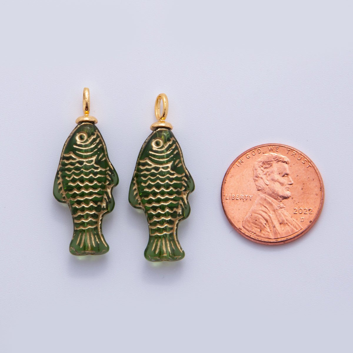 18K Gold Filled Green Gold Scaled Acrylic Multidimensional 3D Fish Drop Charm | AF296 - DLUXCA