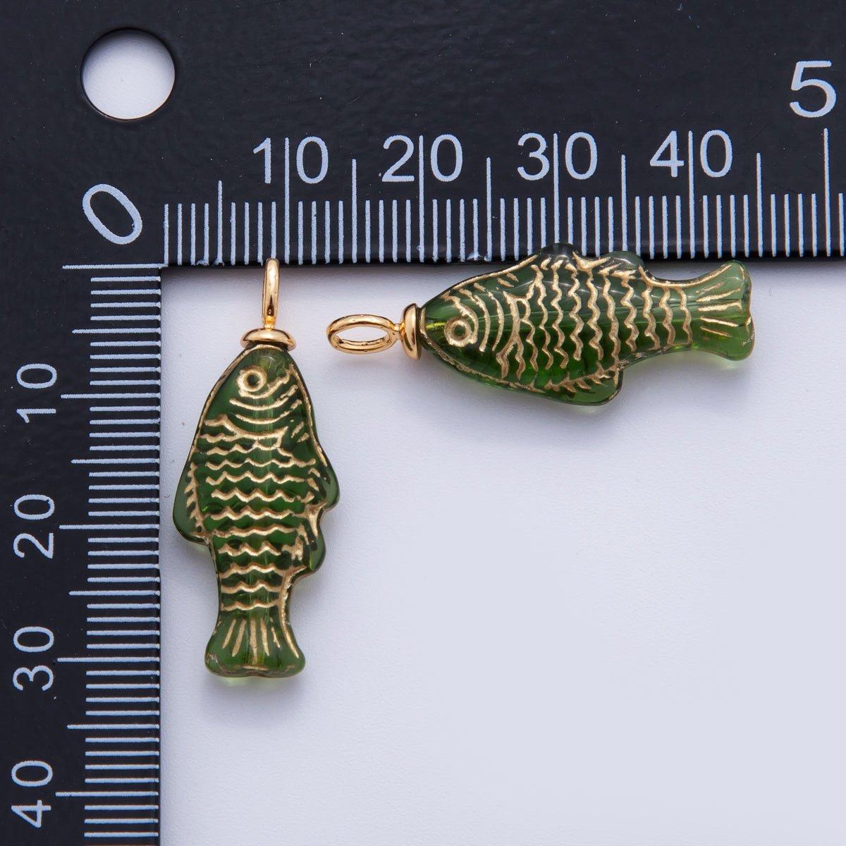 18K Gold Filled Green Gold Scaled Acrylic Multidimensional 3D Fish Drop Charm | AF296 - DLUXCA