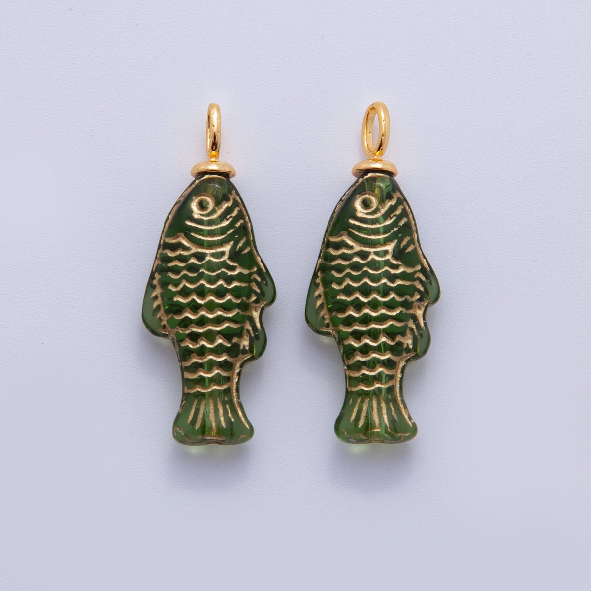 18K Gold Filled Green Gold Scaled Acrylic Multidimensional 3D Fish Drop Charm | AF296 - DLUXCA