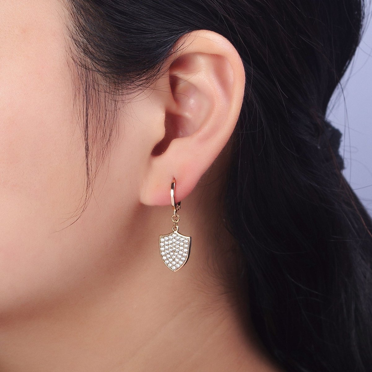 18K Gold Filled Huggie Earring with Micro Pave Shield Dangle Charm AB1050 - DLUXCA