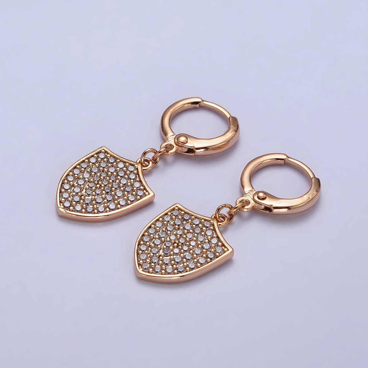 18K Gold Filled Huggie Earring with Micro Pave Shield Dangle Charm AB1050 - DLUXCA