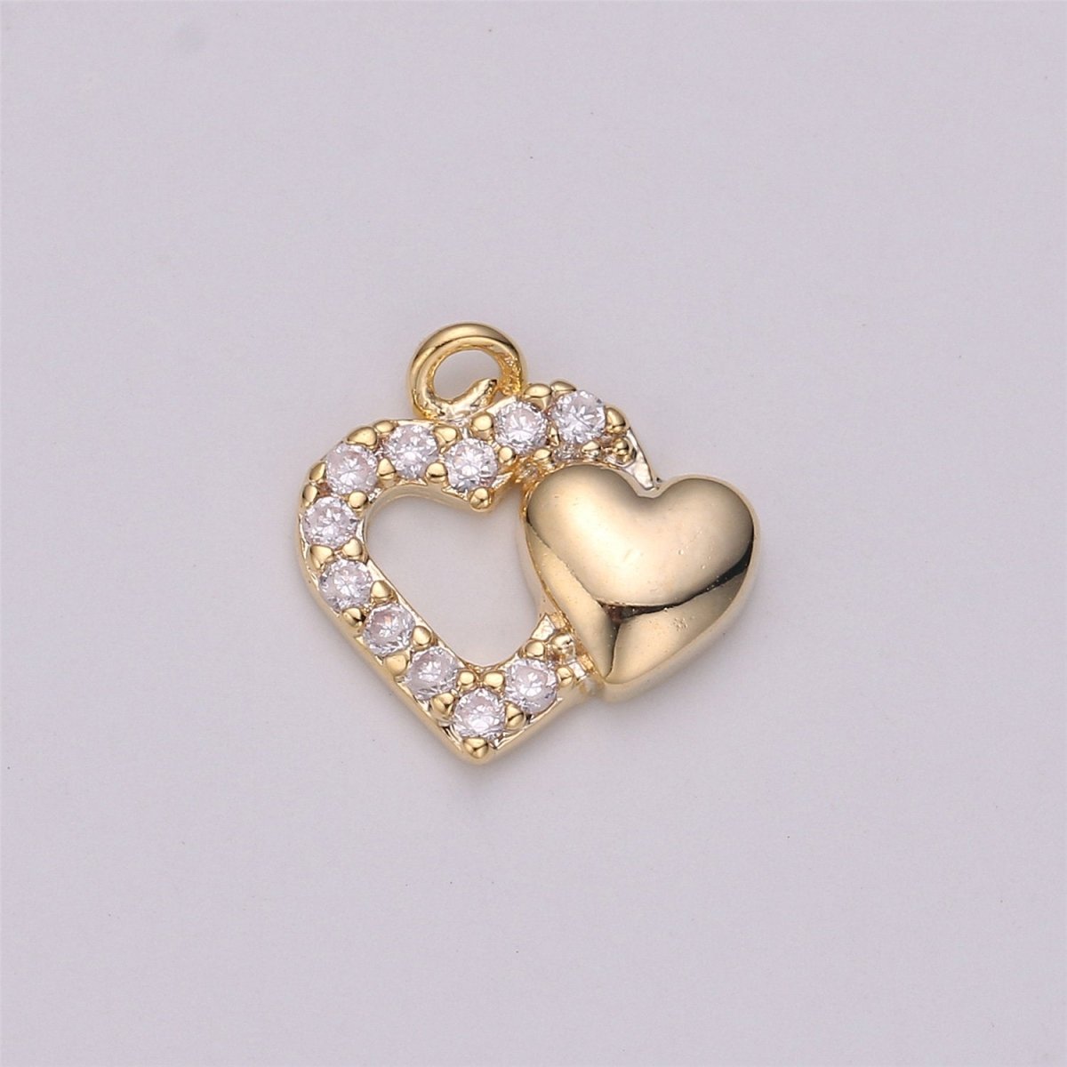 18k Gold Filled Joined Heart Charm,Dual Heart Pendant, Two Hearts Charm, Gold Heart Charm Micro Pave Charm C-528