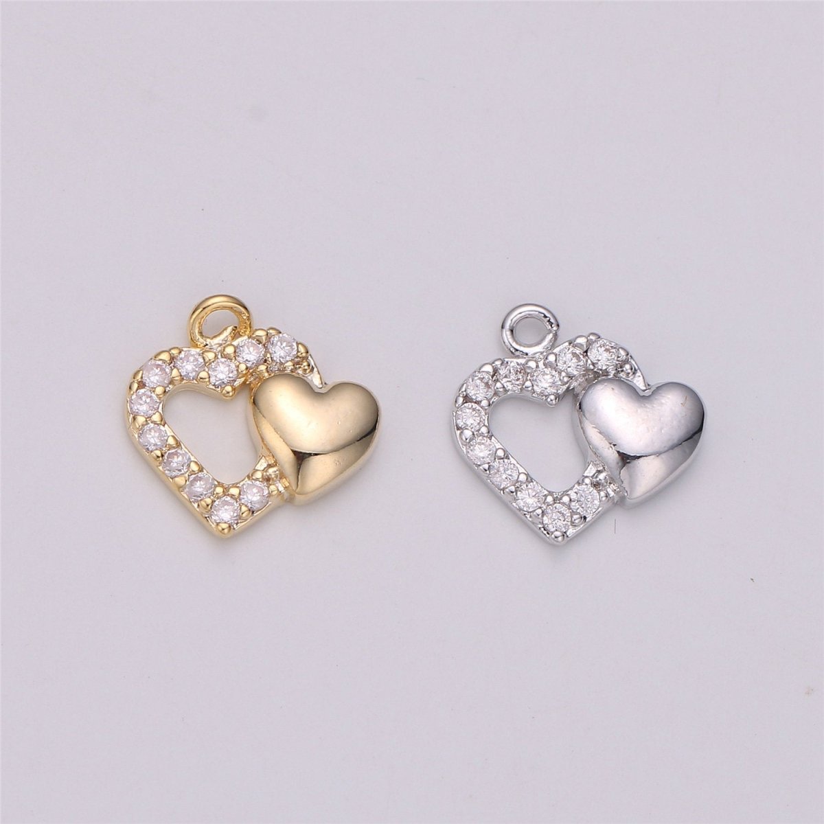 18k Gold Filled Joined Heart Charm,Dual Heart Pendant, Two Hearts Charm, Gold Heart Charm Micro Pave Charm C-528