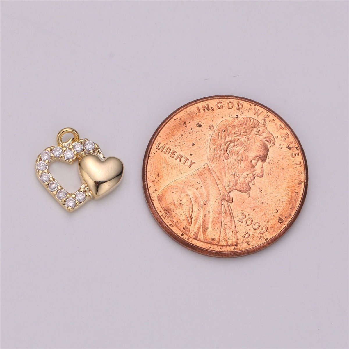 18k Gold Filled Joined Heart Charm,Dual Heart Pendant, Two Hearts Charm, Gold Heart Charm Micro Pave Charm C-528