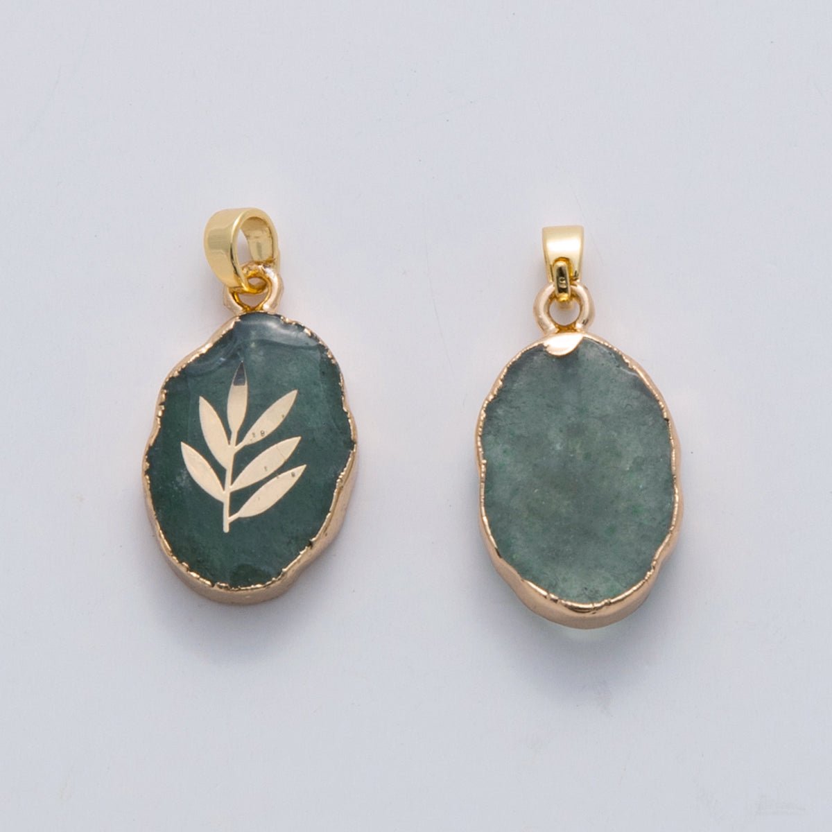 18K Gold Filled Leaf Green Aventurine Oblong Pendant | AH697 - DLUXCA