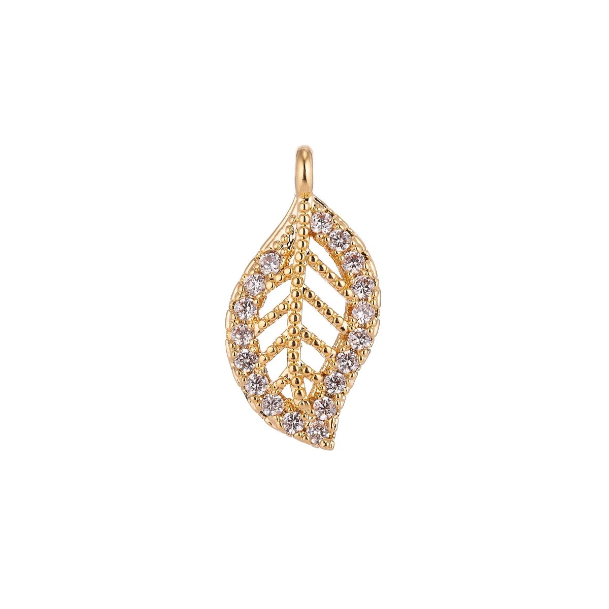 18K Gold Filled Leaf Leaves Cubic Zirconia Charm Pendant C-018 - DLUXCA