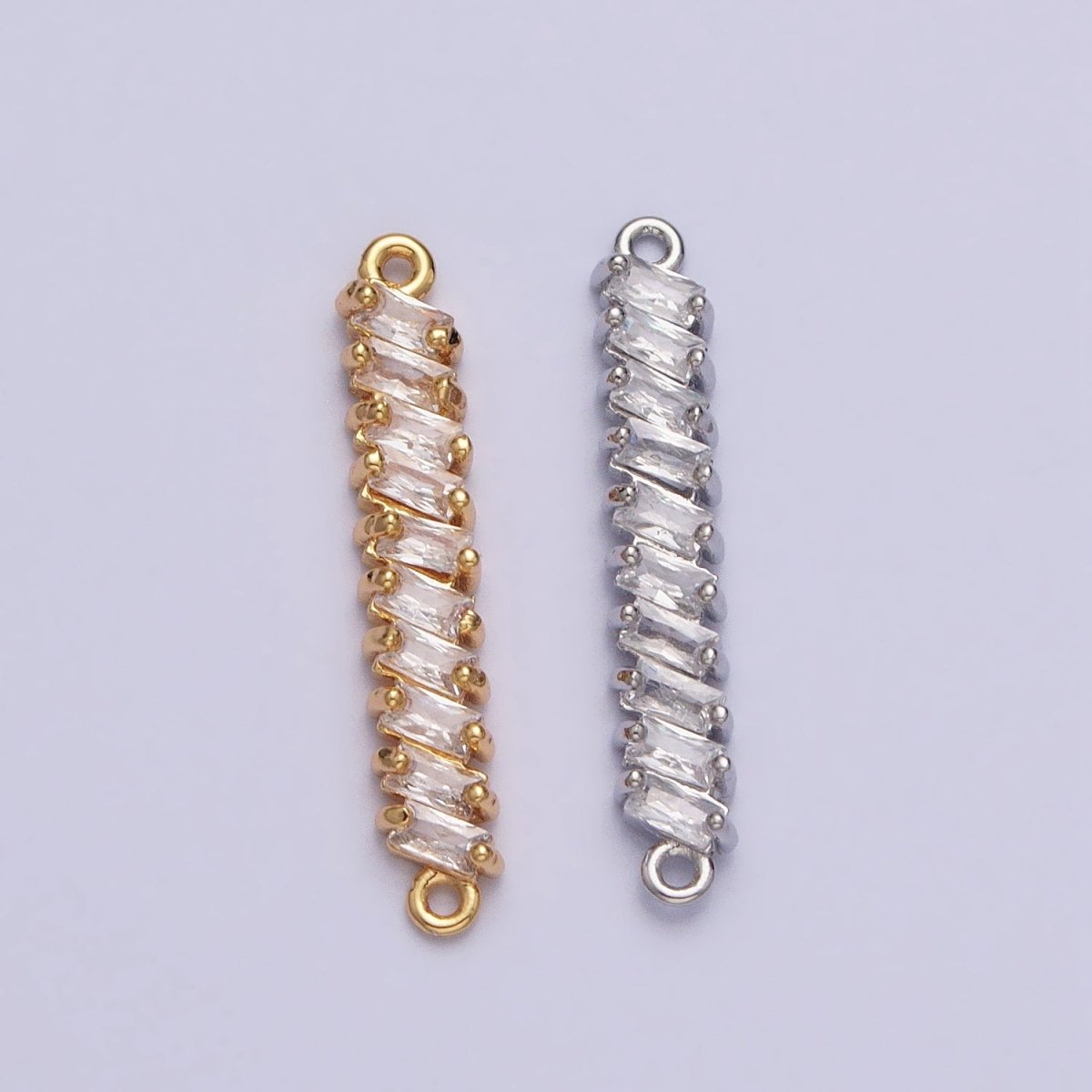 18K Gold Filled Leaning Clear Baguette Lined 23.3mm Connector in Gold & Silver | Y-842