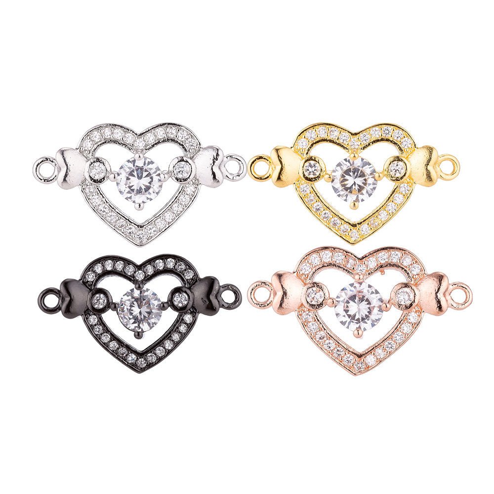 18K Gold Filled Lovely Elegant Heart With Crystal Cubic Zirconia Bracelet Charm Bead Finding Connector For Jewelry Making F-031