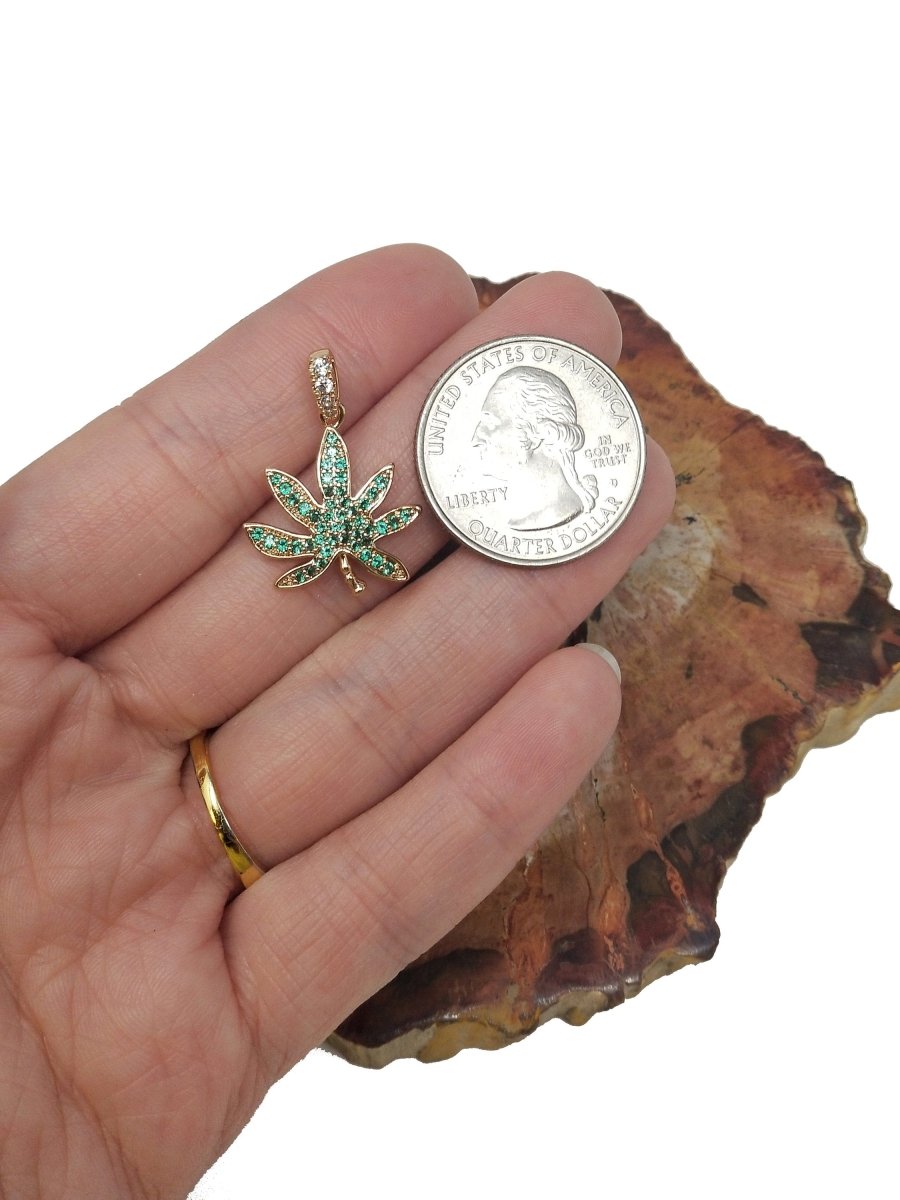 18K Gold Filled Marijuana Leaf Six Leaves Plant Necklace Pendant Micro Pave Green Leaf Charm Bracelet Earring Charm Bails for Jewelry Making I-079 H-871