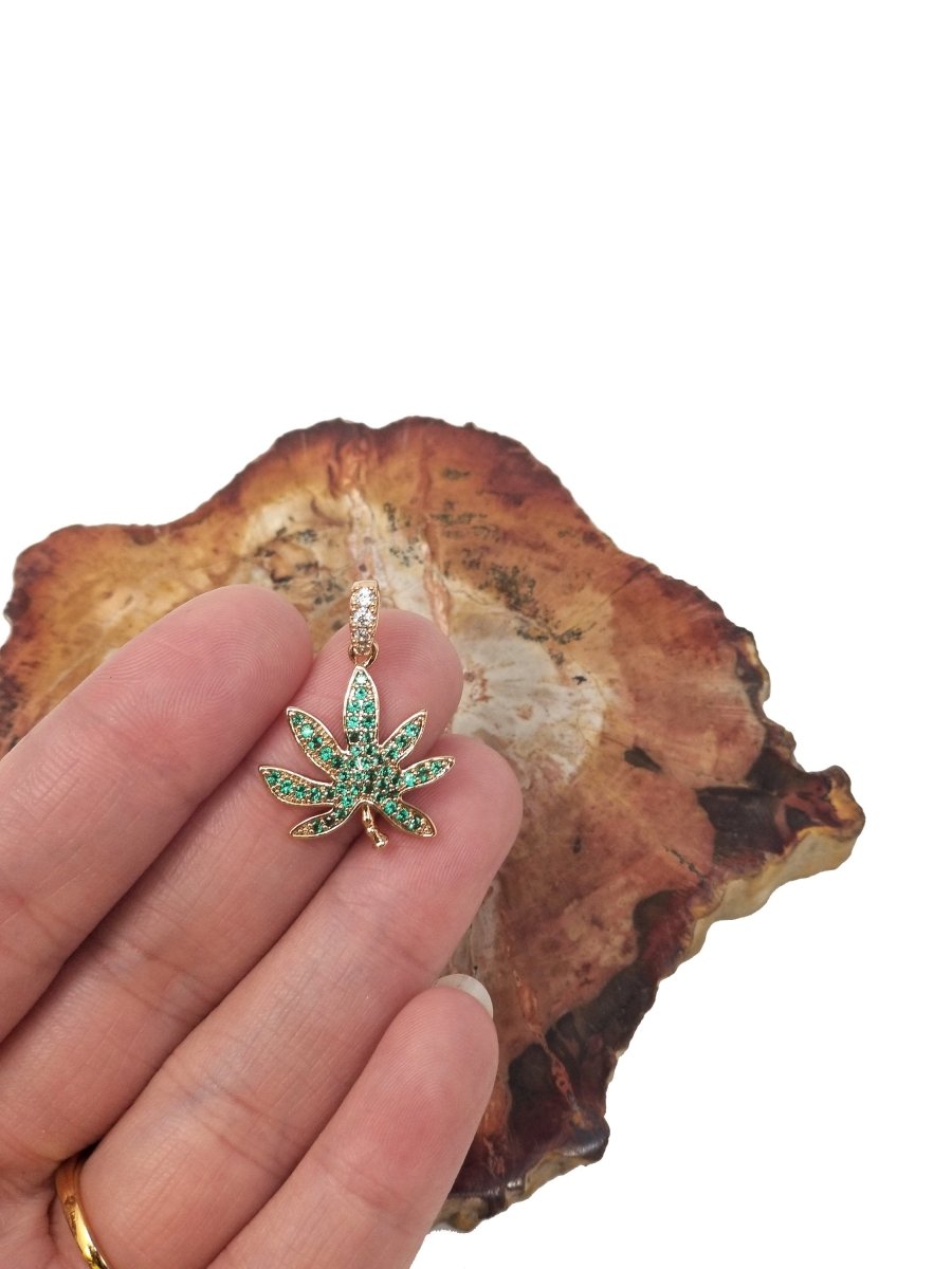 18K Gold Filled Marijuana Leaf Six Leaves Plant Necklace Pendant Micro Pave Green Leaf Charm Bracelet Earring Charm Bails for Jewelry Making I-079 H-871