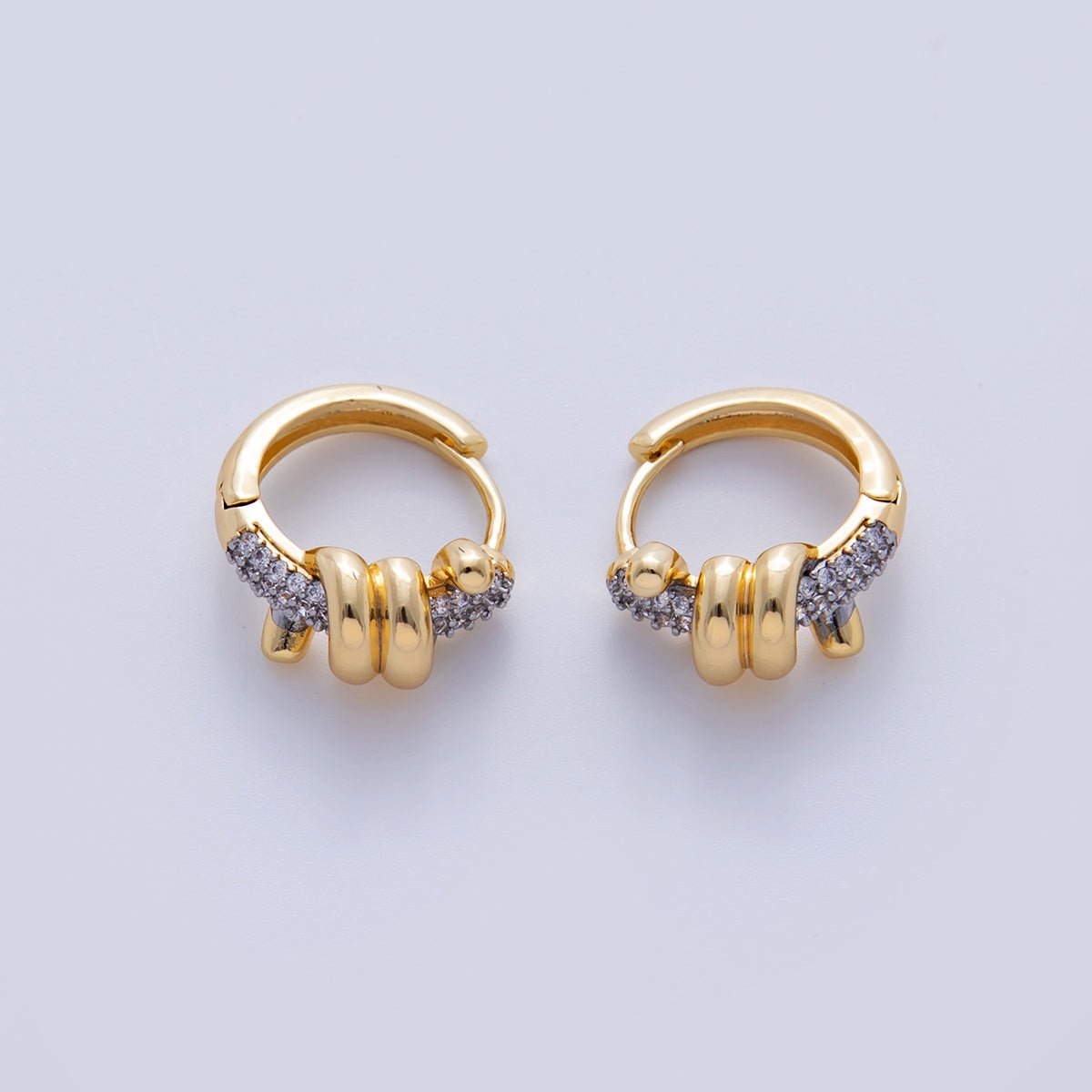 18K Gold Filled Micro Paved Coil Band Mixed Metal Huggie Earrings | AI347 - DLUXCA