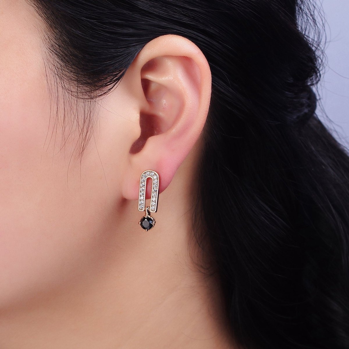 18K Gold Filled Clear, Black CZ Micro Paved Oblong Drop Stud Earrings | AD1317 AD1318