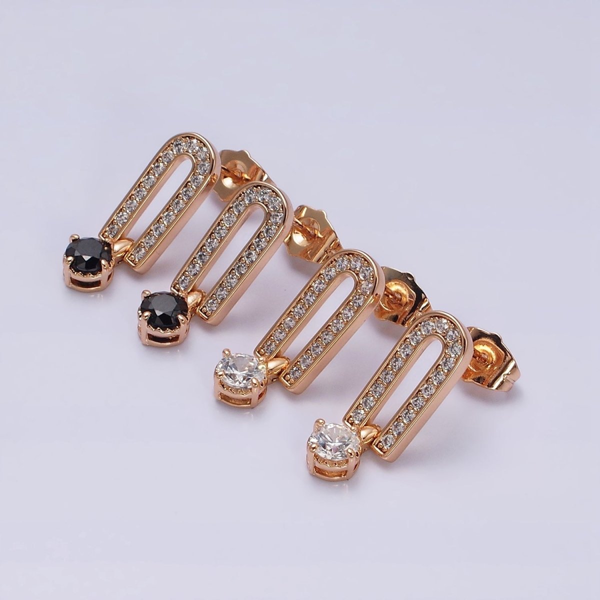 18K Gold Filled Clear, Black CZ Micro Paved Oblong Drop Stud Earrings | AD1317 AD1318