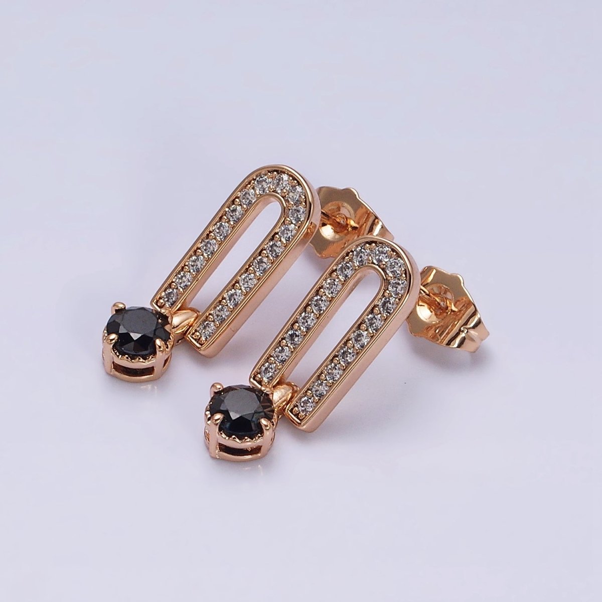 18K Gold Filled Clear, Black CZ Micro Paved Oblong Drop Stud Earrings | AD1317 AD1318