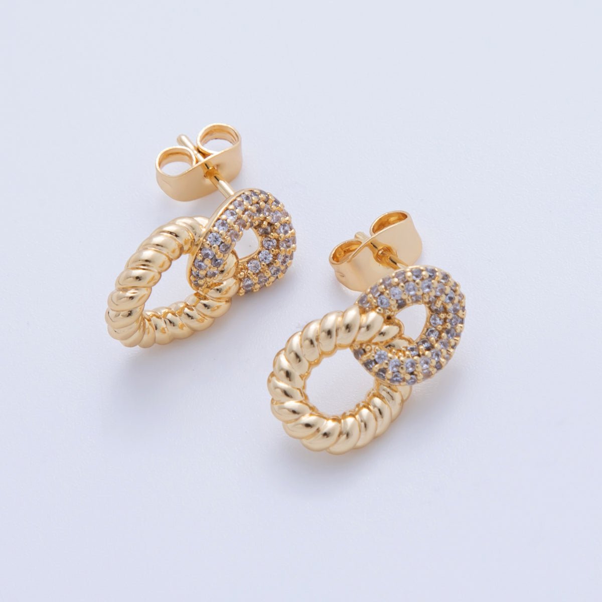 18K Gold Filled Micro Paved CZ Rope Link Stud Earrings | AI379 - DLUXCA
