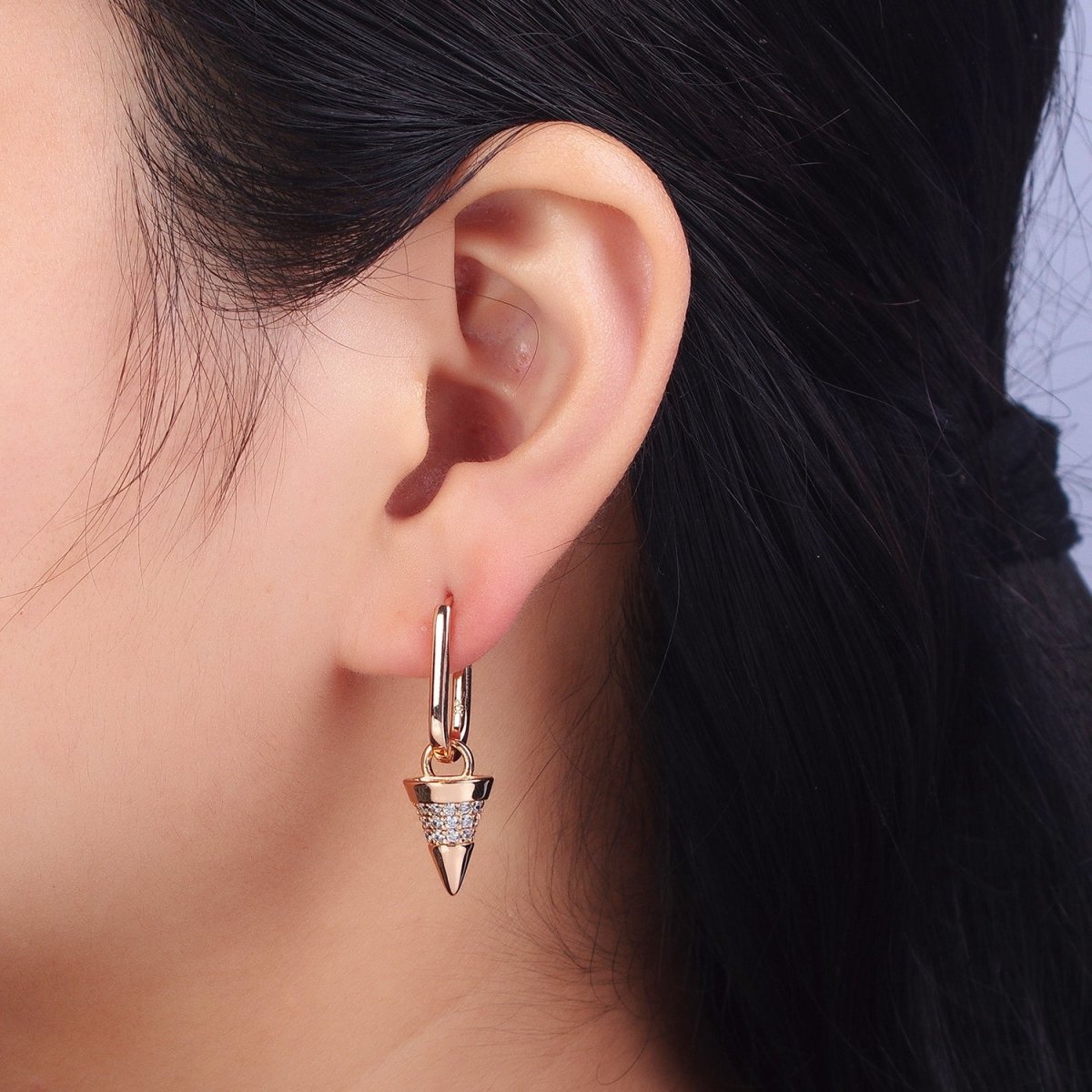 18K Gold Filled Micro Paved CZ Spiked Drop Dangle Oblong Huggie Earrings | AB158 - DLUXCA