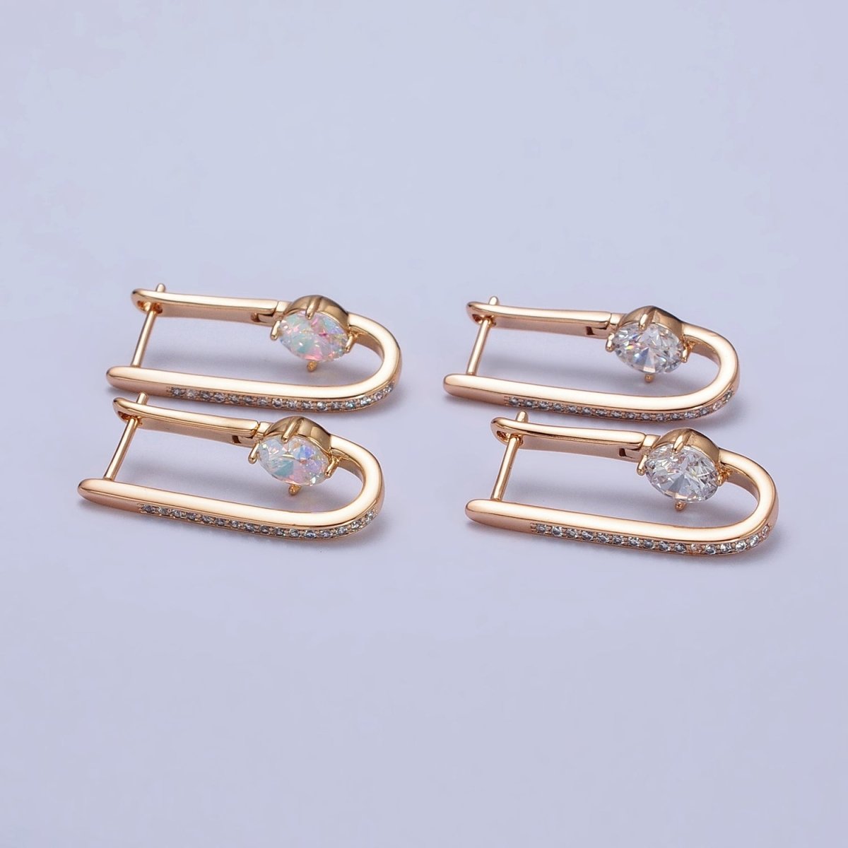 18K Gold Filled Micro Paved Iridescent AB, Clear CZ Round Oblong Earrings | AB258 AB412