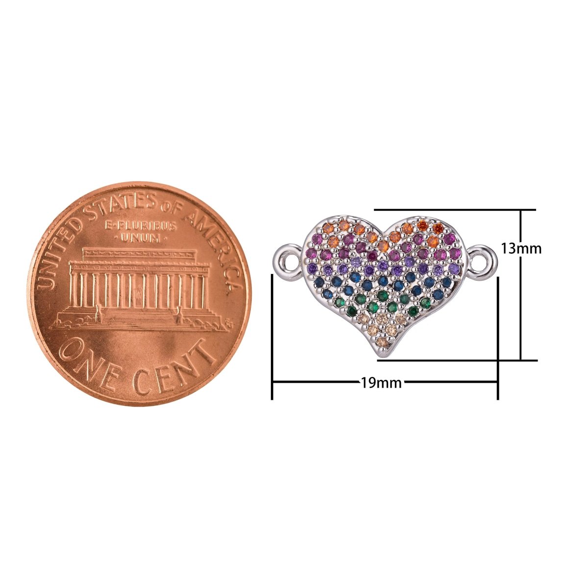18K Gold Filled Mini Tiny Simple Minimalist Rainbow Diamond Heart Cubic Zirconia Bracelet Charm Bead Finding Connector For Jewelry Making F-256