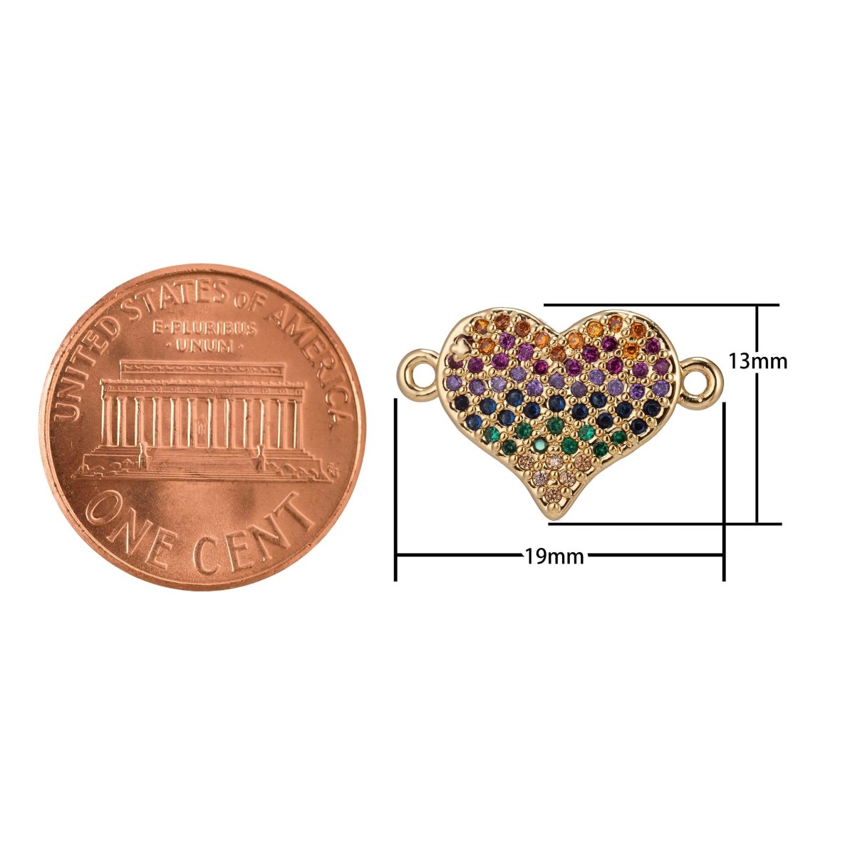 18K Gold Filled Mini Tiny Simple Minimalist Rainbow Diamond Heart Cubic Zirconia Bracelet Charm Bead Finding Connector For Jewelry Making F-256