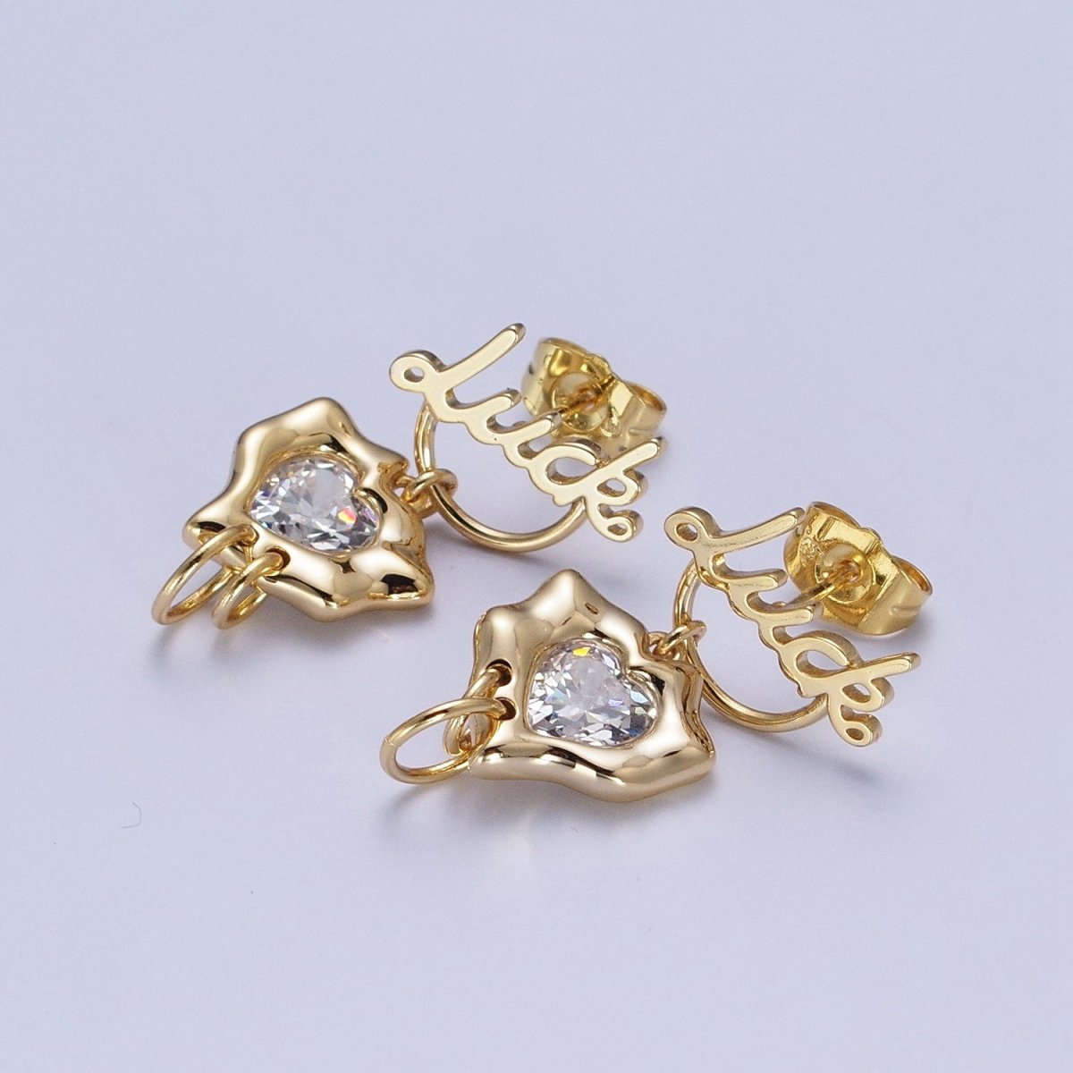 18K Gold Filled Minimalist Stud Earring "Luck" Earring with Cubic Zirconia Crystal Heart, Perfect for Everyday Wear or Gift | X916 - DLUXCA
