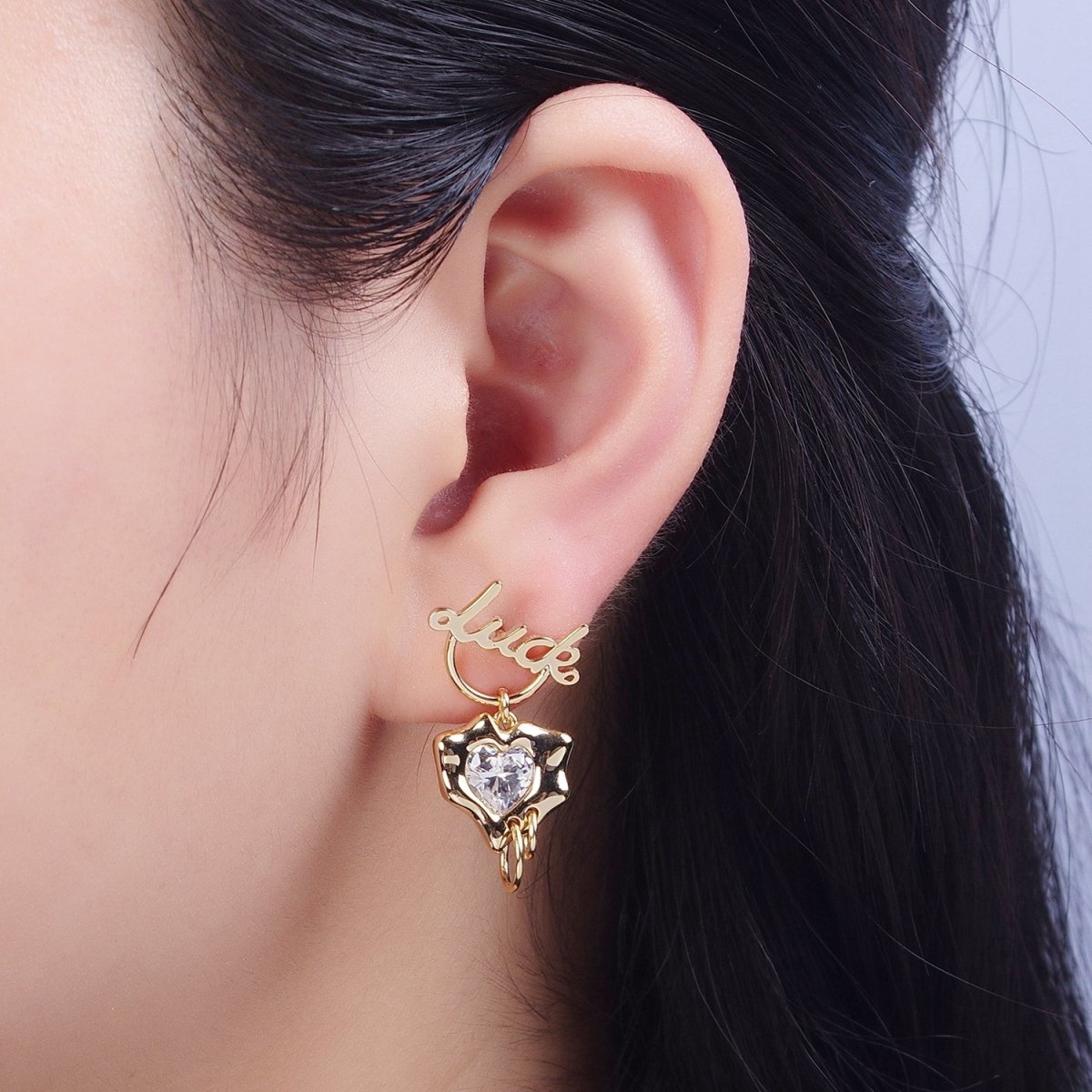 18K Gold Filled Minimalist Stud Earring "Luck" Earring with Cubic Zirconia Crystal Heart, Perfect for Everyday Wear or Gift | X916 - DLUXCA