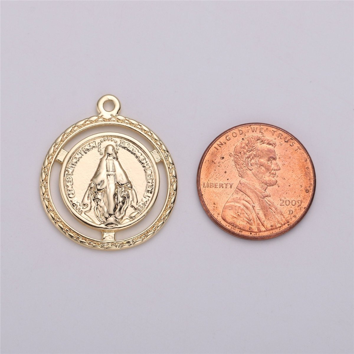 18K Gold Filled Miraculous Lady Medallion Charm with Decorative Edge, Round Coin Pendant Catholic Charm Silver Gold Virgin Mary Charm C-534