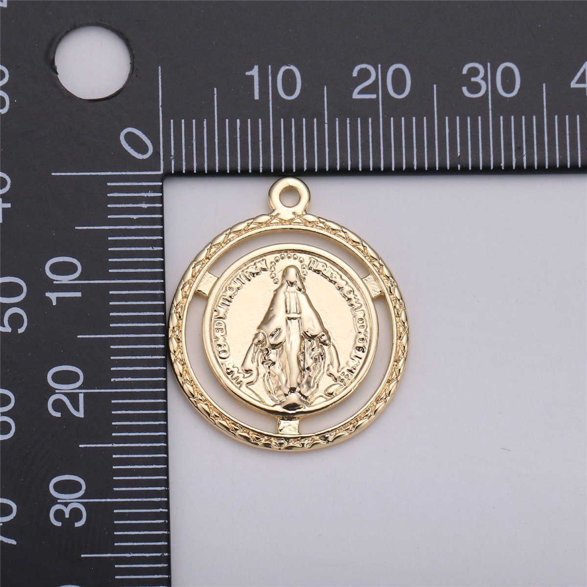18K Gold Filled Miraculous Lady Medallion Charm with Decorative Edge, Round Coin Pendant Catholic Charm Silver Gold Virgin Mary Charm C-534