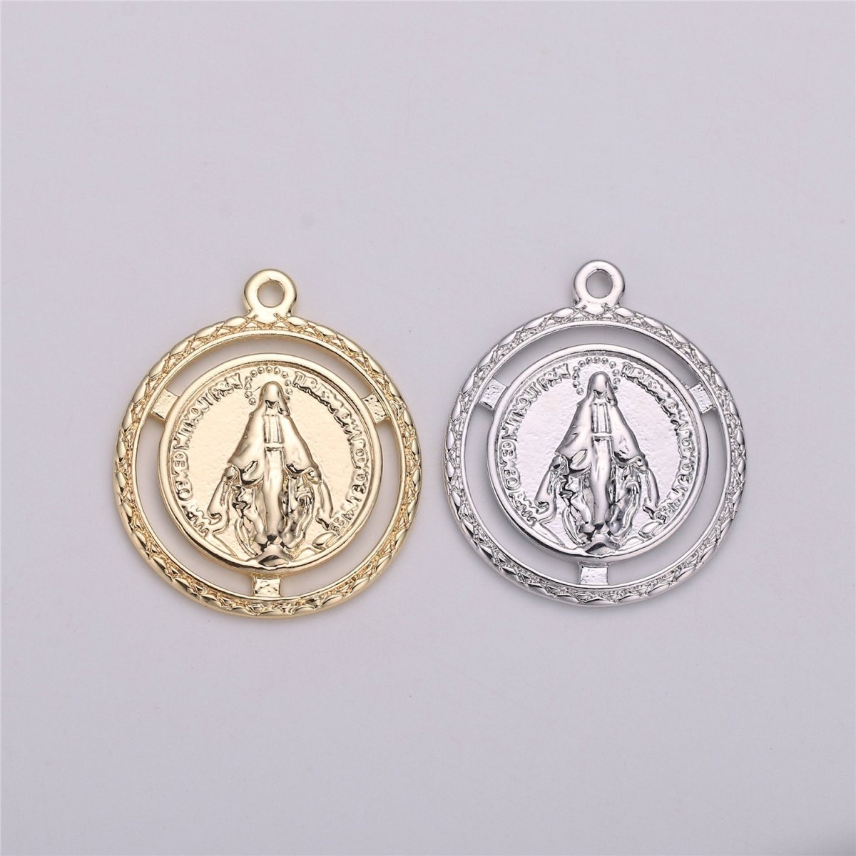 18K Gold Filled Miraculous Lady Medallion Charm with Decorative Edge, Round Coin Pendant Catholic Charm Silver Gold Virgin Mary Charm C-534