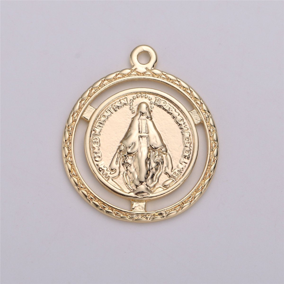 18K Gold Filled Miraculous Lady Medallion Charm with Decorative Edge, Round Coin Pendant Catholic Charm Silver Gold Virgin Mary Charm C-534