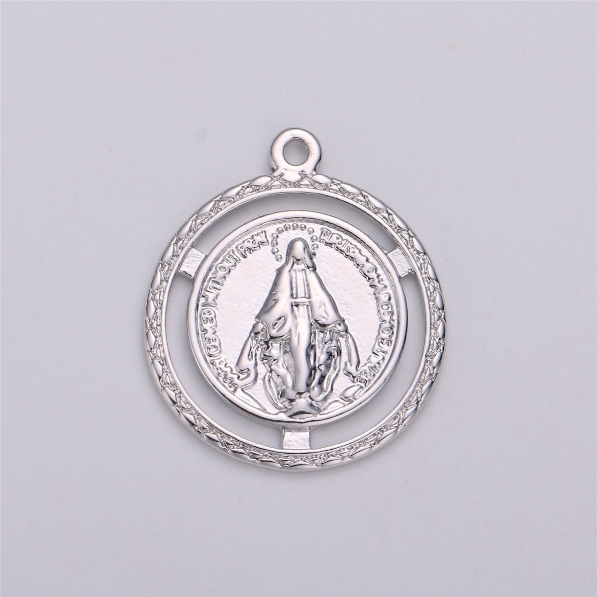 18K Gold Filled Miraculous Lady Medallion Charm with Decorative Edge, Round Coin Pendant Catholic Charm Silver Gold Virgin Mary Charm C-534