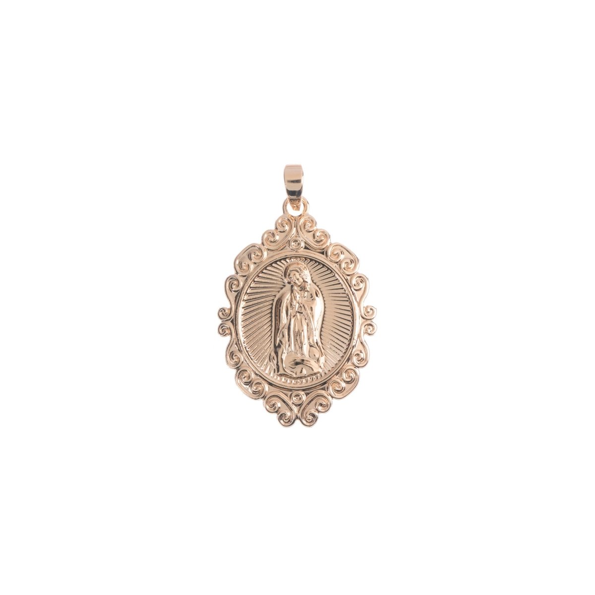 18k Gold Filled Mother Virgin Mary Miraculous Lady Pendant Rosary Necklace Charm with Bail Decorative Edge Oval Coin H-278