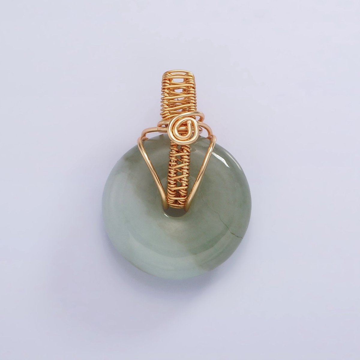 18K Gold Filled Natural Jade Round Donut Handmade Wire Wrapped Pendant | AA628 - DLUXCA
