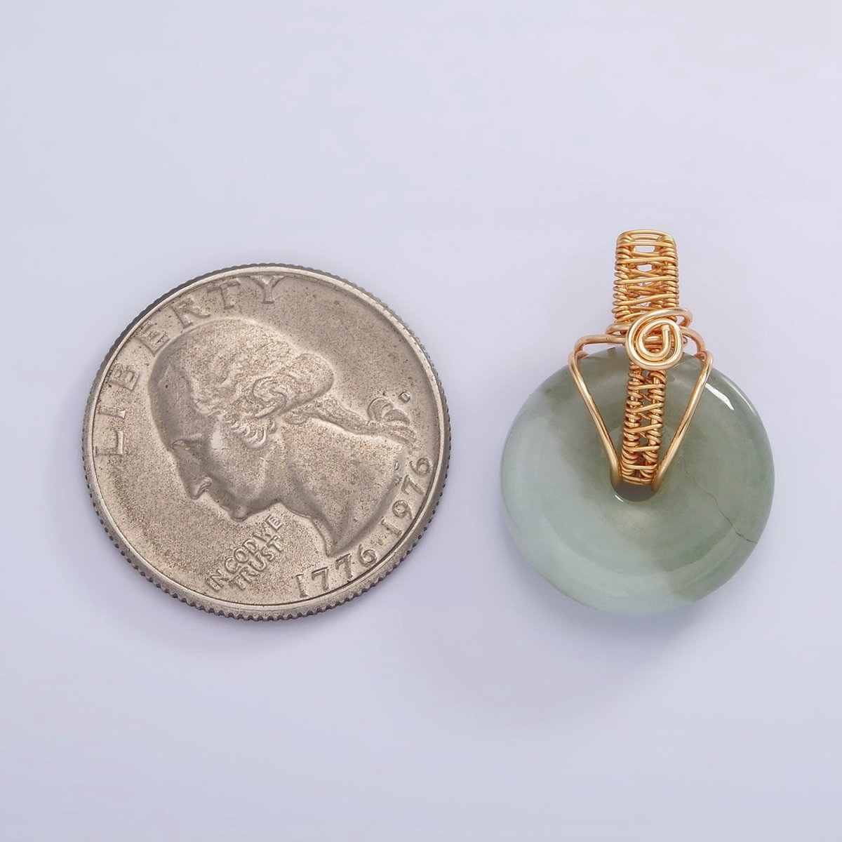 18K Gold Filled Natural Jade Round Donut Handmade Wire Wrapped Pendant | AA628 - DLUXCA
