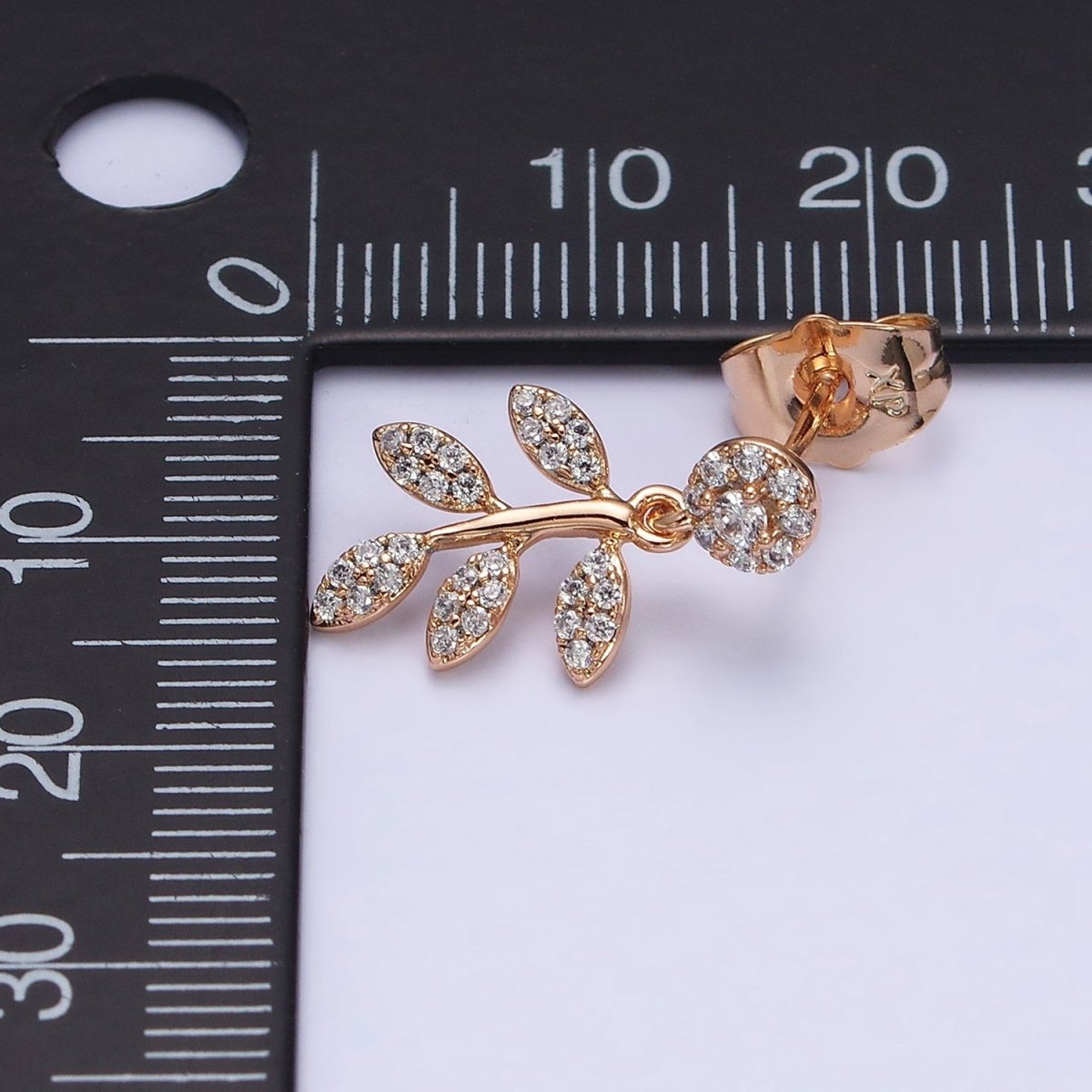 18K Gold Filled Olive Leaf Nature Drop Round Micro Paved CZ Stud Earrings | AD1449 - DLUXCA