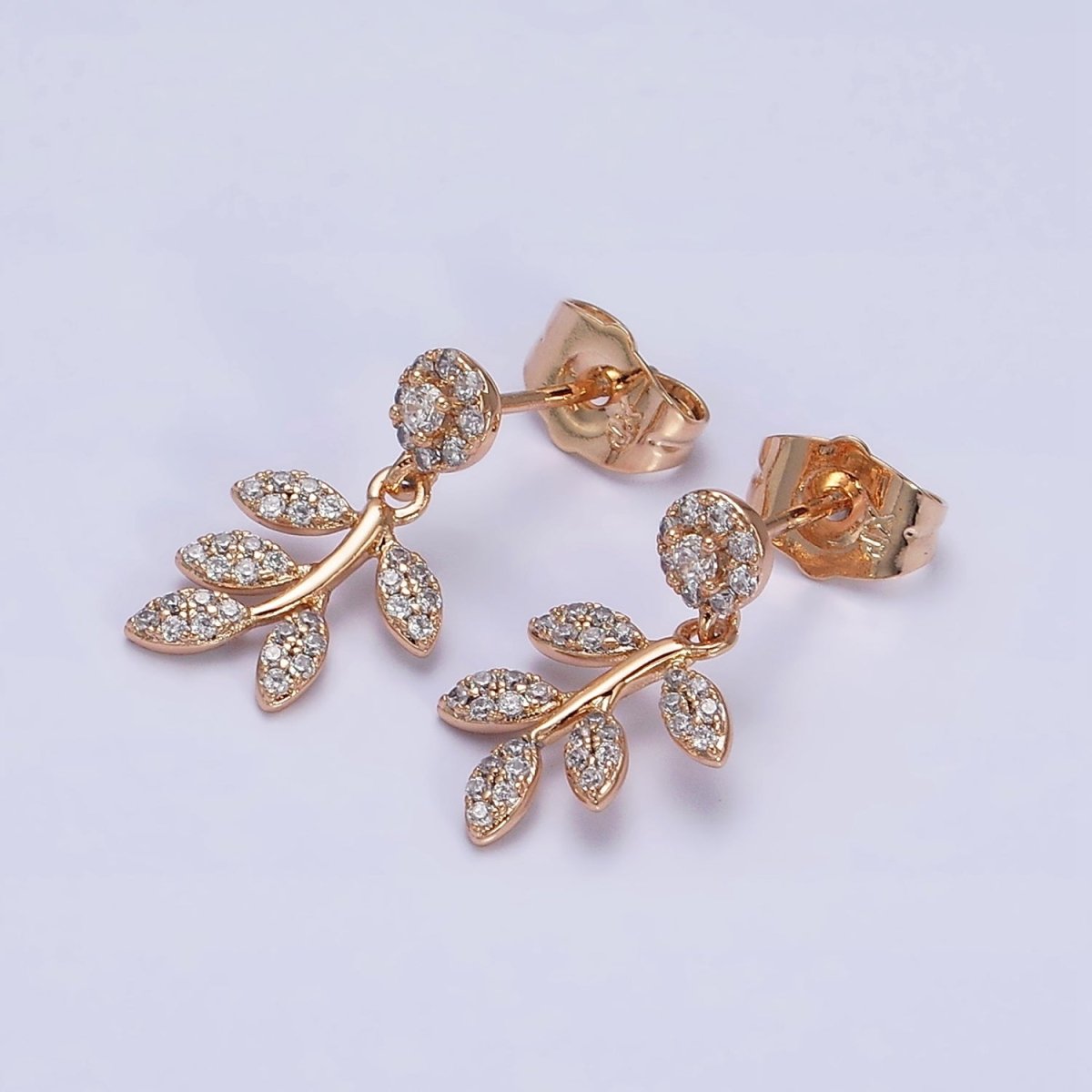 18K Gold Filled Olive Leaf Nature Drop Round Micro Paved CZ Stud Earrings | AD1449 - DLUXCA