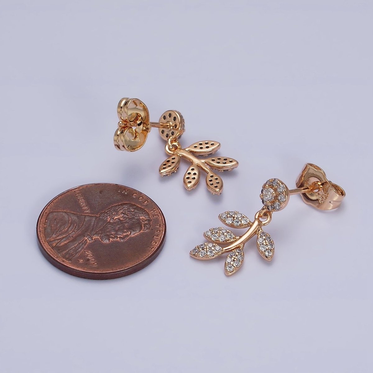 18K Gold Filled Olive Leaf Nature Drop Round Micro Paved CZ Stud Earrings | AD1449 - DLUXCA