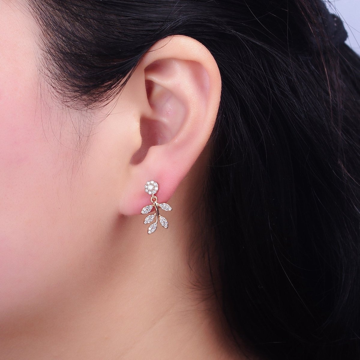 18K Gold Filled Olive Leaf Nature Drop Round Micro Paved CZ Stud Earrings | AD1449 - DLUXCA