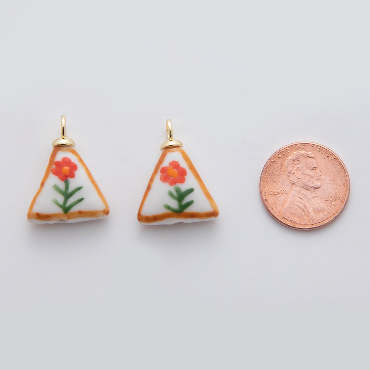 18K Gold Filled Orange Daisy Flower Doodle Rectangle Ceramic Drop Pendant | X631 - DLUXCA