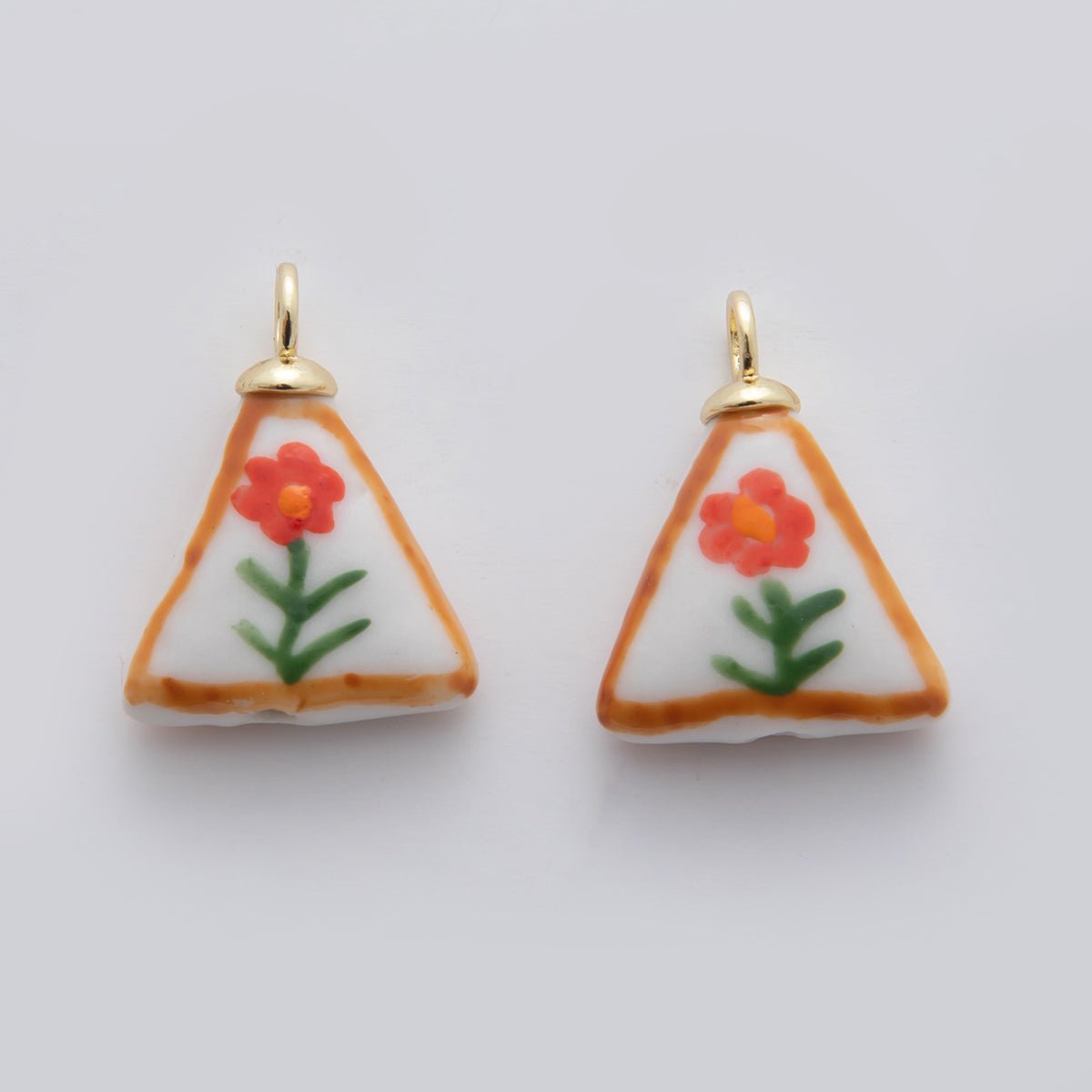 18K Gold Filled Orange Daisy Flower Doodle Rectangle Ceramic Drop Pendant | X631 - DLUXCA