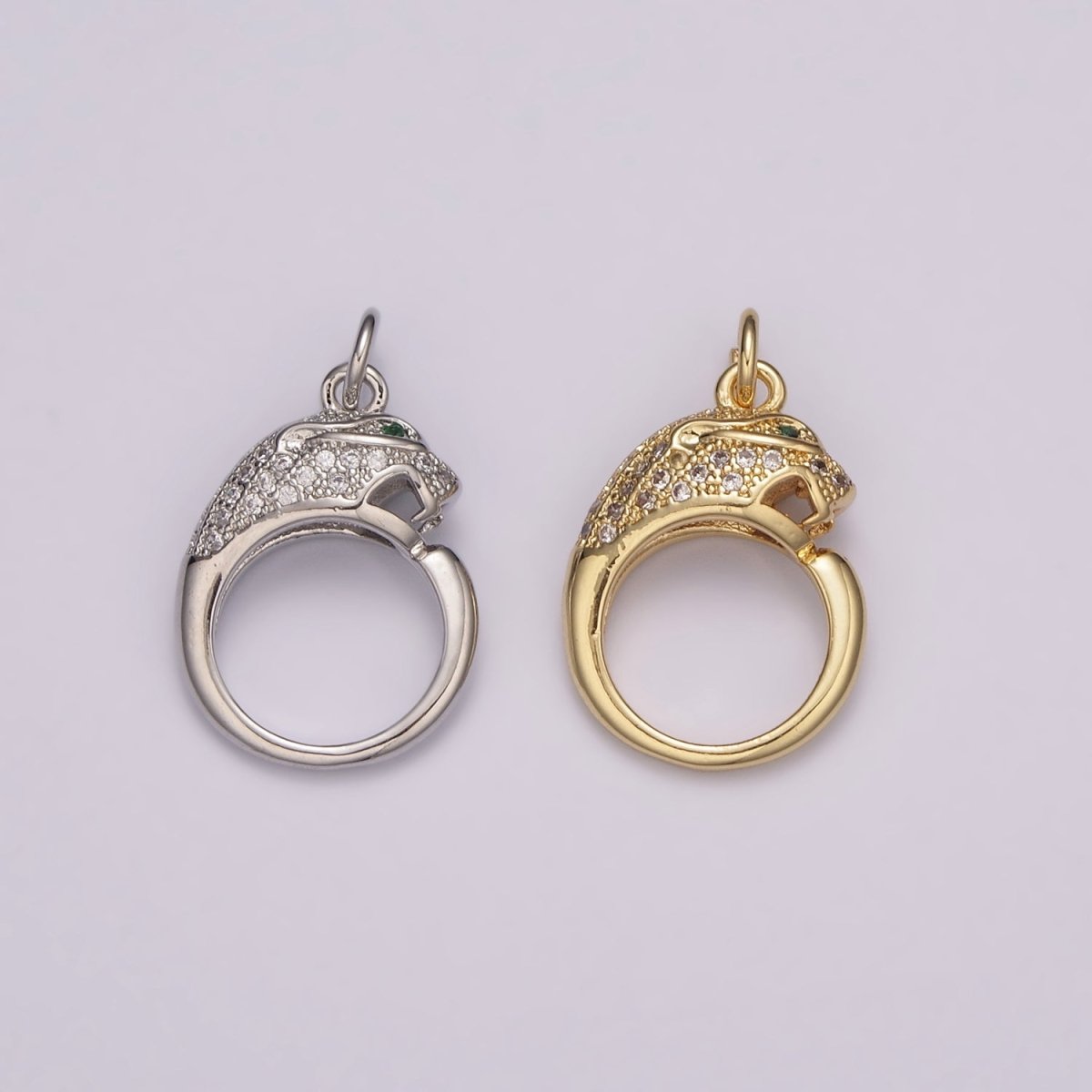 18K Gold Filled Panther Charm, Panther Round CZ Micro Pave, Cubic Zirconia Panther Charms, Silver Panther Bead, Men's Jewelry E-701 E-702