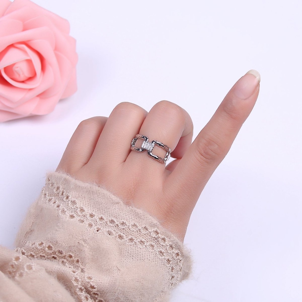 18k Gold Filled Paper Clip Ring With Micro CZ Stones For Wholesale Rings Jewelry Making S-451 S-452