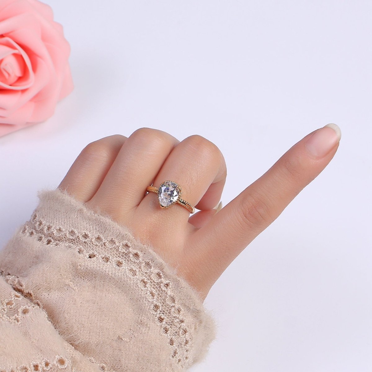 18k Gold Filled Pear Shaped Halo Engagement Ring Dainty Tear drop Ring , Wedding Ring Pear Cut Solitaire Ring Women S-429 ~ S-434