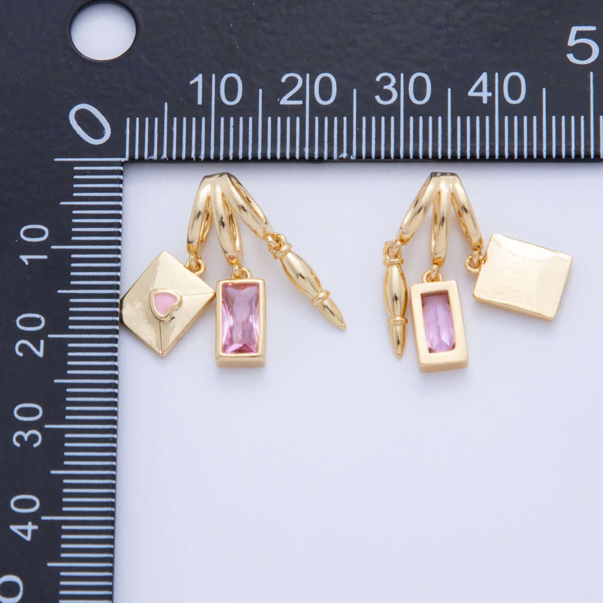 18K Gold Filled Pink Baguette CZ Letter Pen Triple Rhondelle Drop Pendant | AF342 - DLUXCA