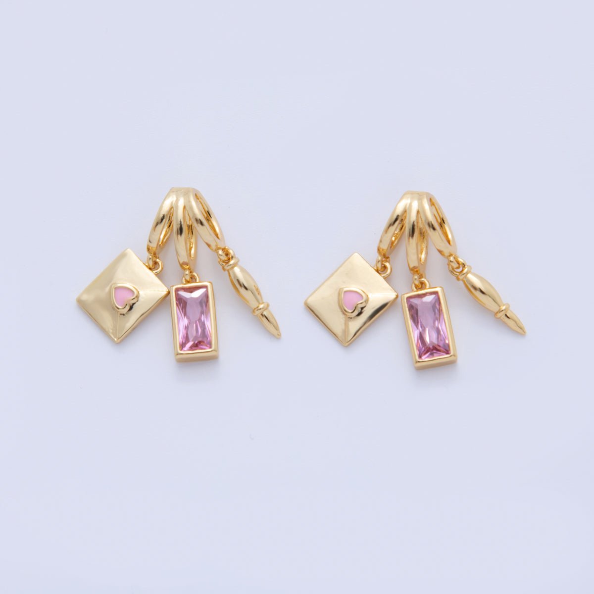 18K Gold Filled Pink Baguette CZ Letter Pen Triple Rhondelle Drop Pendant | AF342 - DLUXCA