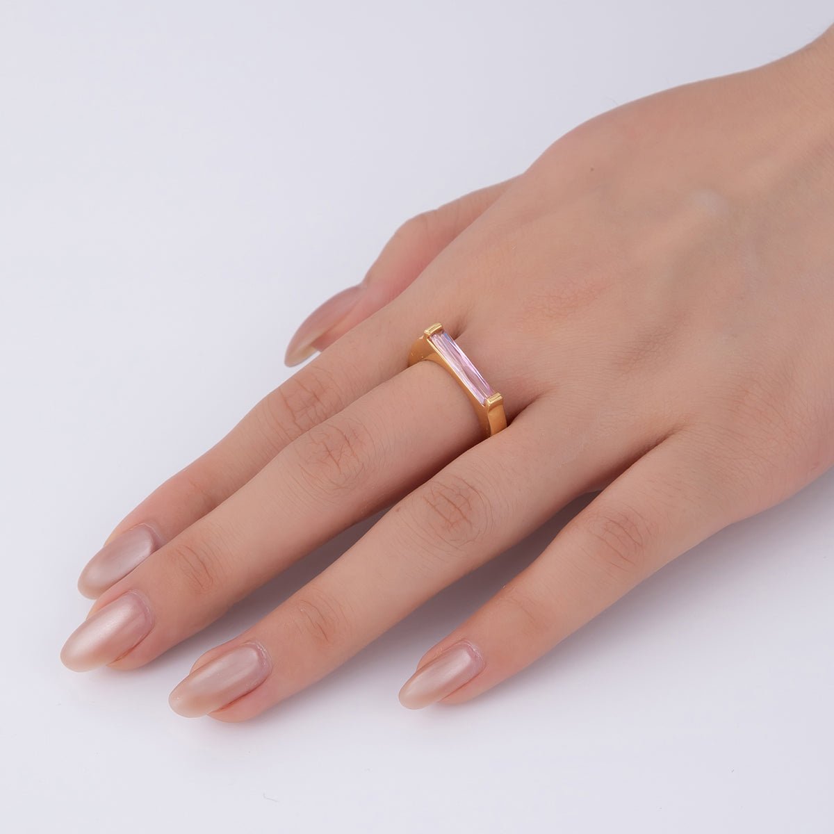 18K Gold Filled Pink Baguette Thin Signet Ring | O1741 - DLUXCA