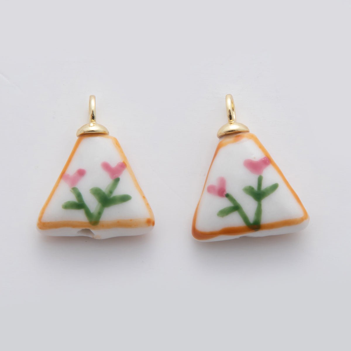 18K Gold Filled Pink Flower Doodle Rectangle Ceramic Drop Pendant | X633 - DLUXCA