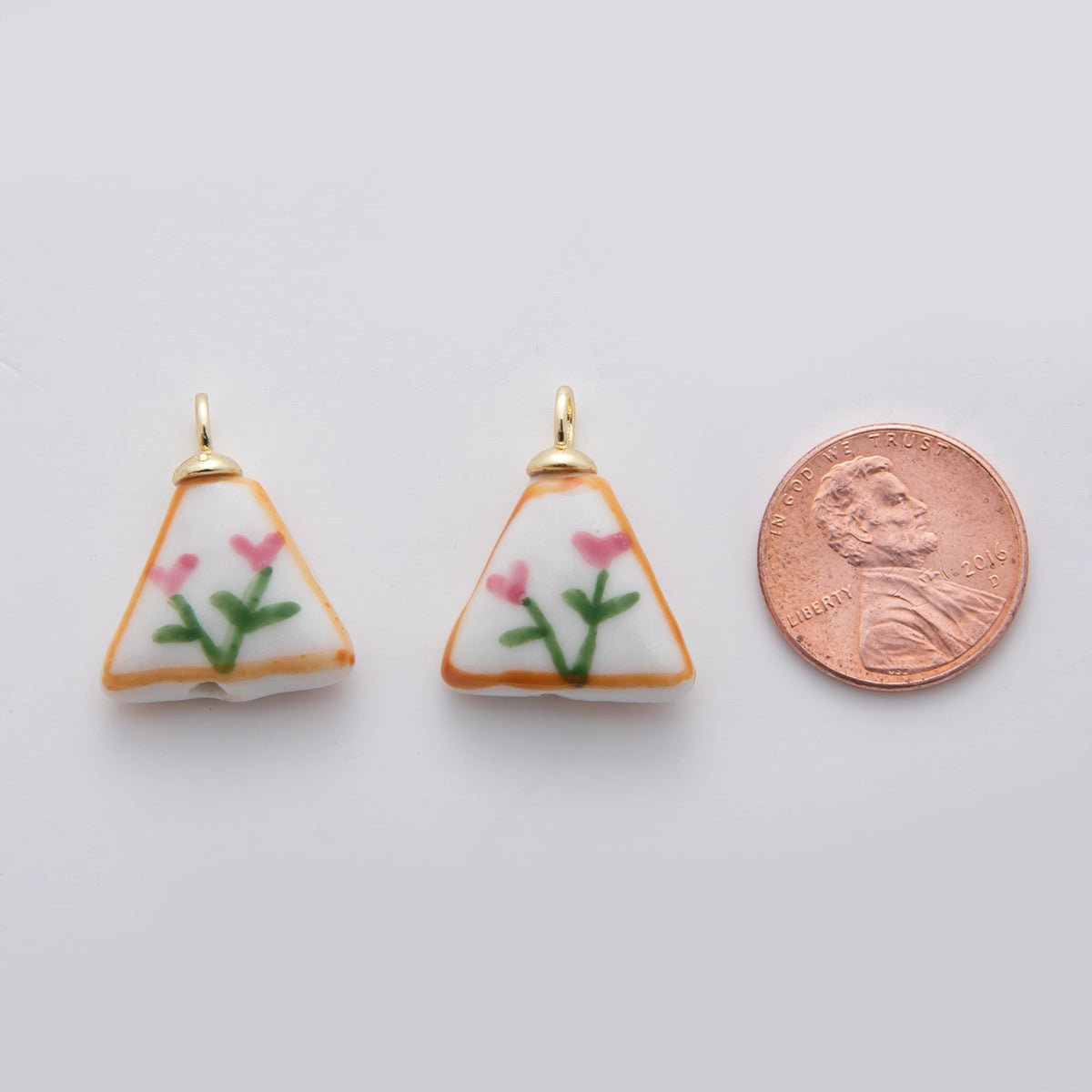 18K Gold Filled Pink Flower Doodle Rectangle Ceramic Drop Pendant | X633 - DLUXCA