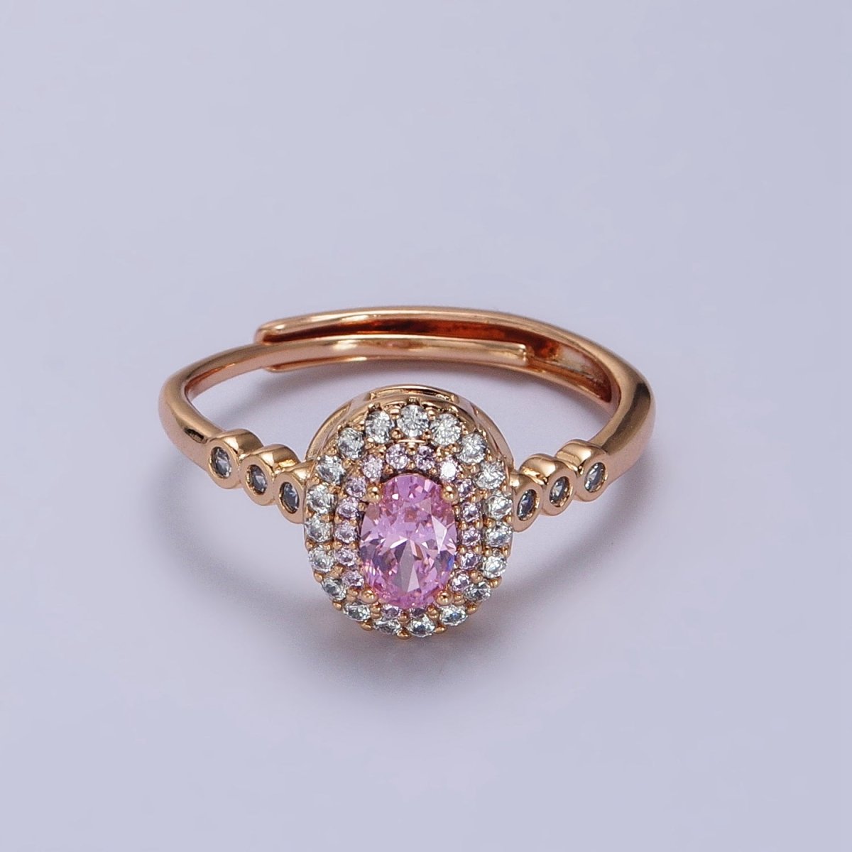 18K Gold Filled Pink, Fuchsia Oval Micro Paved Round CZ Adjustable Ring | R-126 R-065