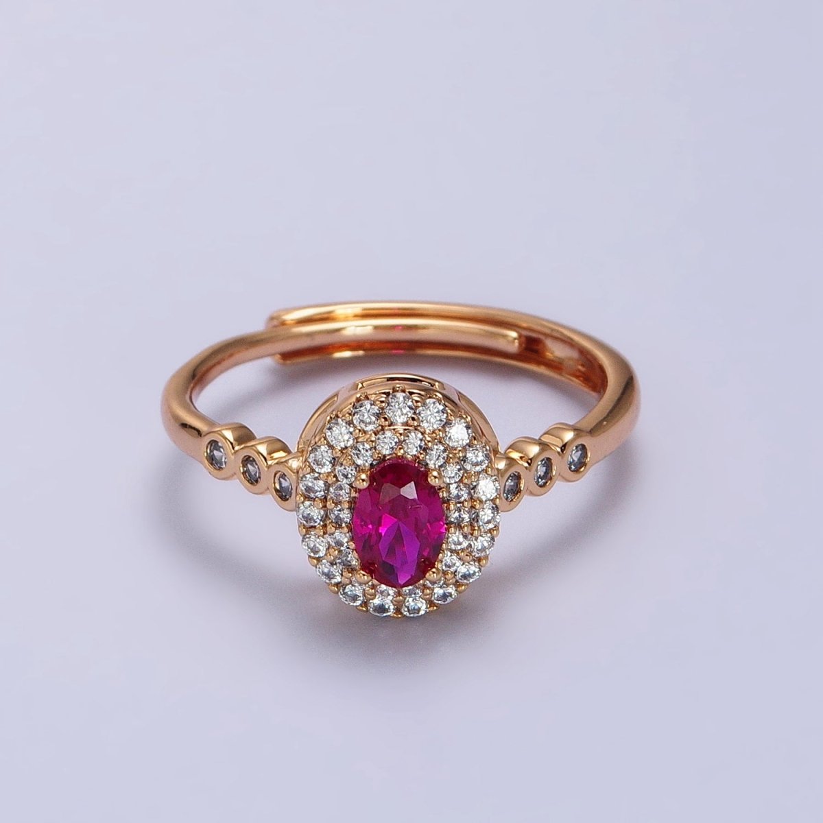 18K Gold Filled Pink, Fuchsia Oval Micro Paved Round CZ Adjustable Ring | R-126 R-065